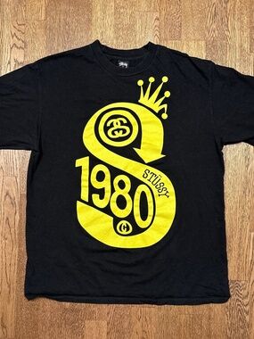 Vintage Y2K Stussy 1980 Crown Big S Logo Black T Shirt Mens Large